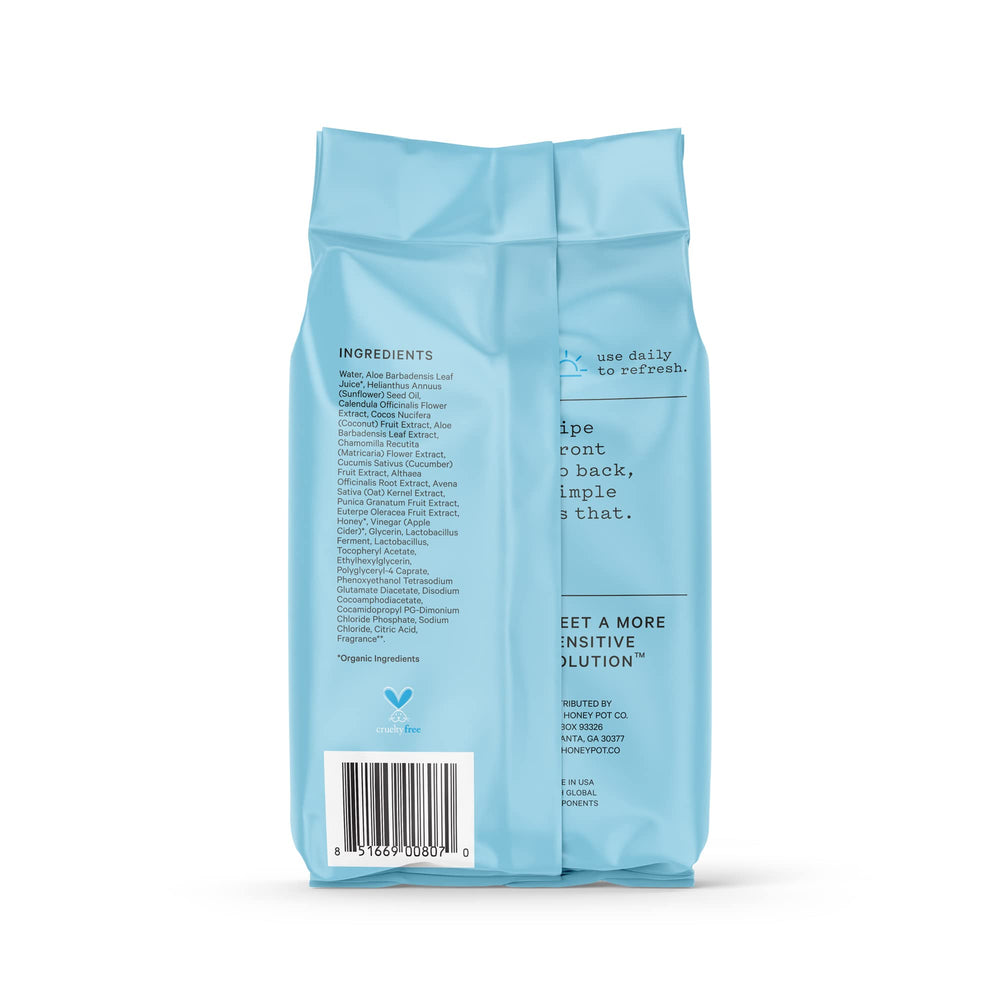 The Honey Pot Sensitive Feminine Wipes back label highlights fragrance and sulfate free promise.