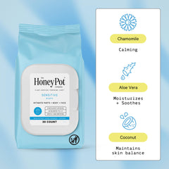 The Honey Pot Sensitive Feminine Wipes closeup texture shows soft fabric for delicate care.