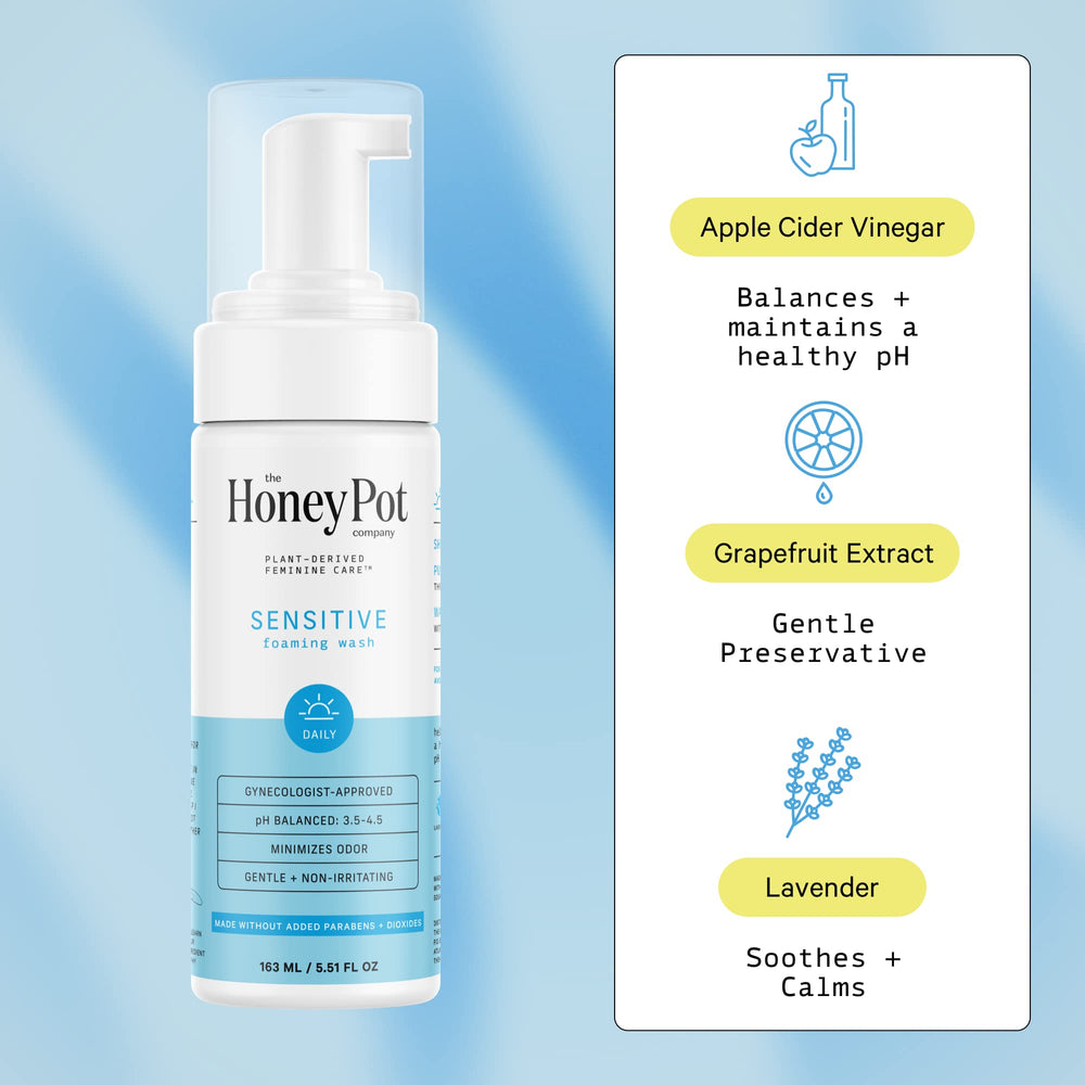 The Honey Pot Sensitive Wash foaming texture close-up, soft lather for comfortable use.
