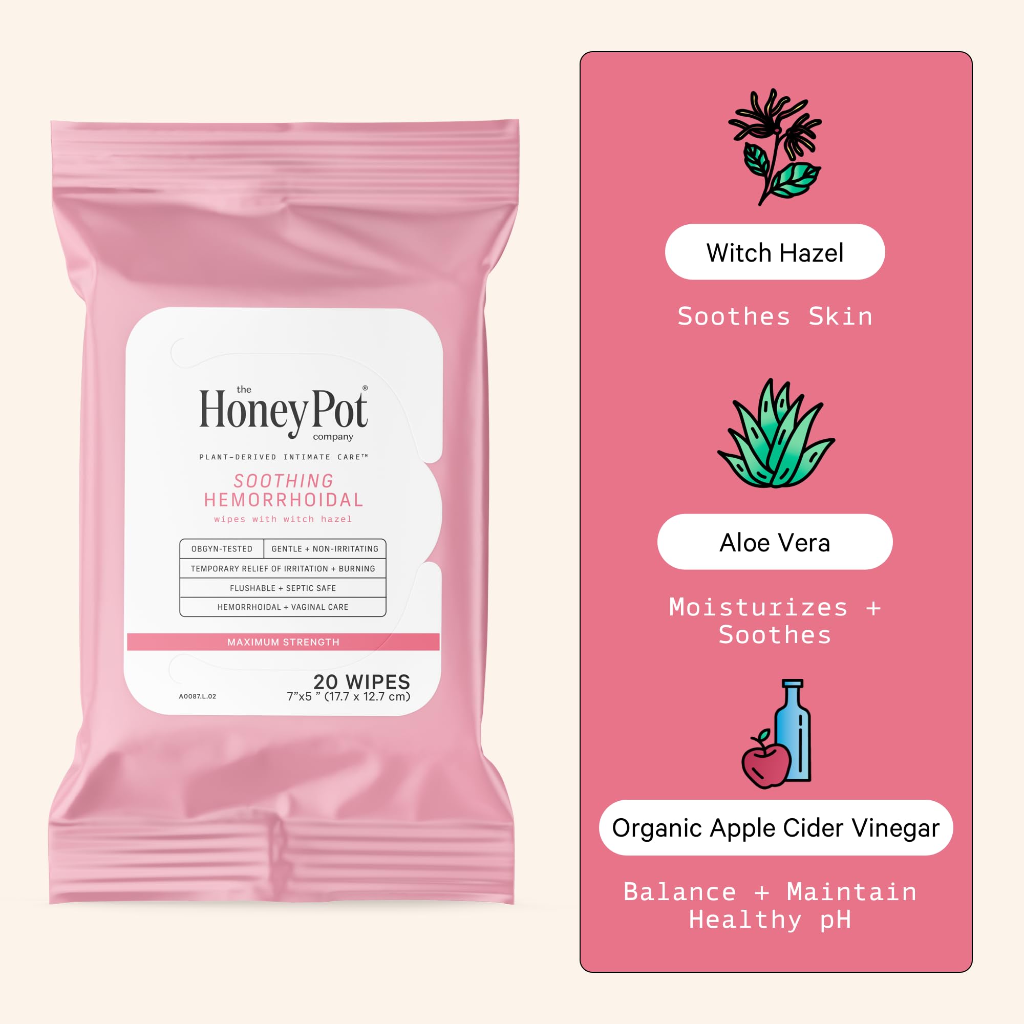 The Honey Pot wipes close-up with witch hazel showcasing soothing relief.