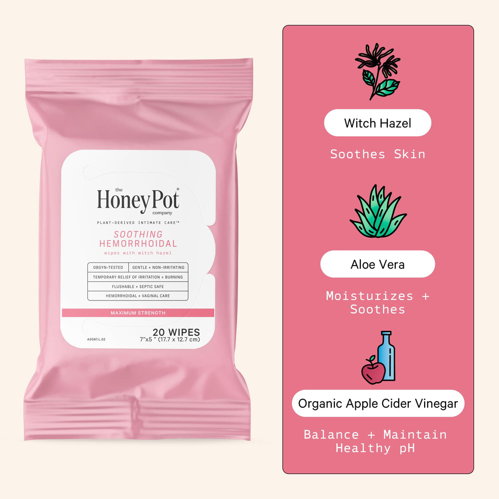 The Honey Pot wipes close-up with witch hazel showcasing soothing relief.