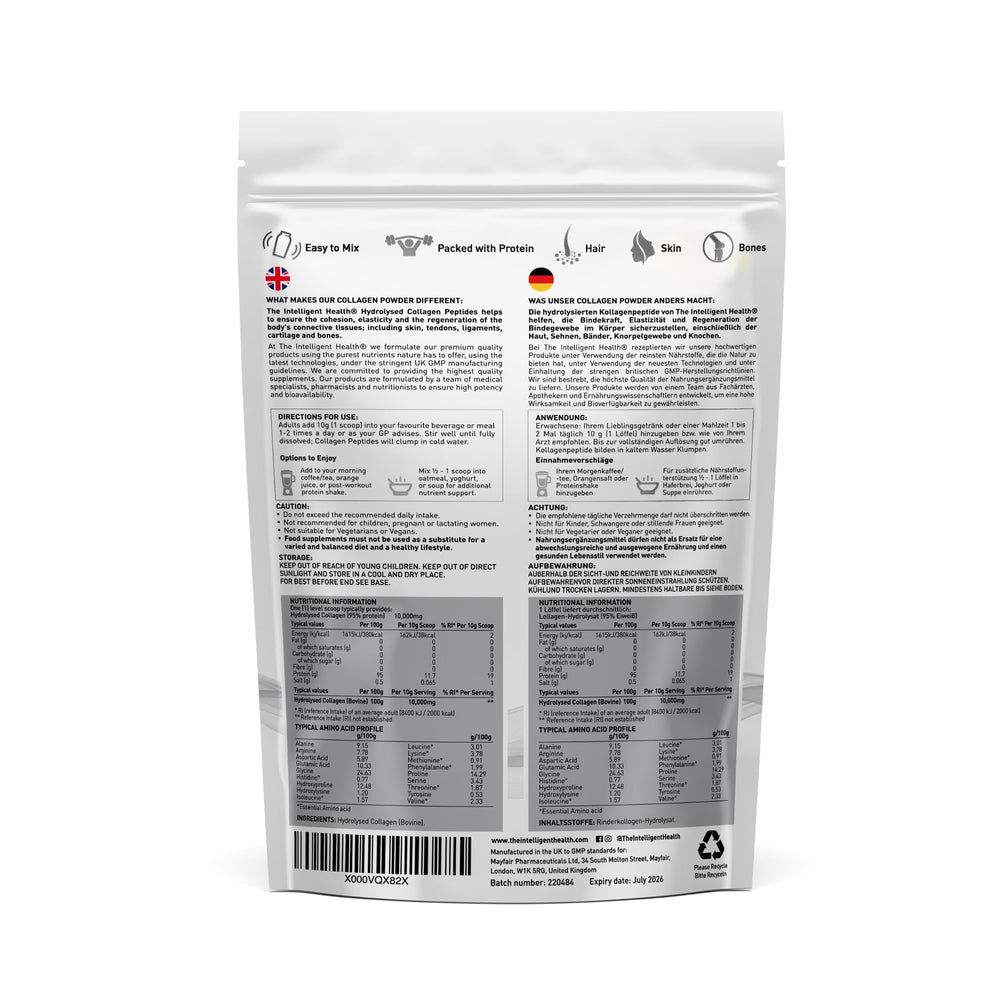 The Intelligent Health collagen powder tub closeup emphasizes unflavored, versatile mixability.