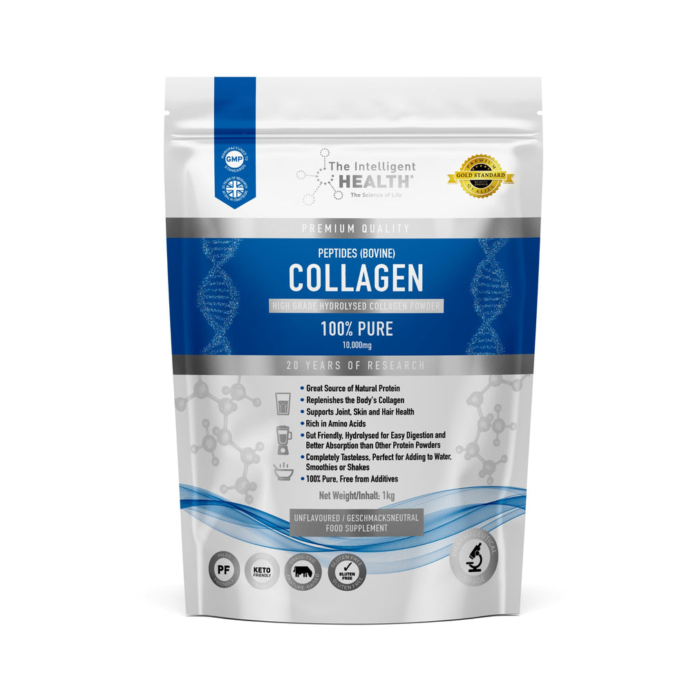 The Intelligent Health hydrolyzed collagen bottle highlights grass-fed powder for daily joint support.
