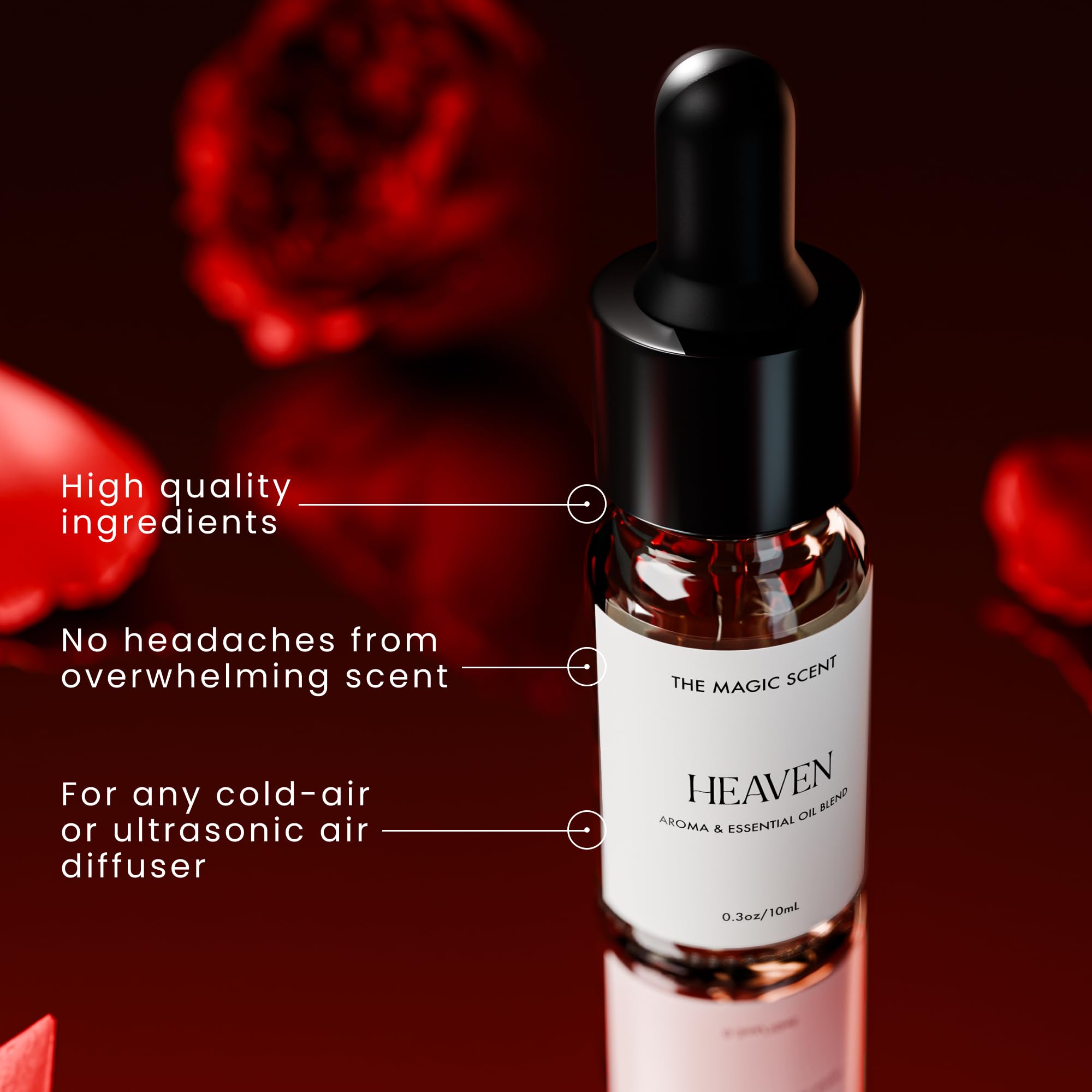 The Magic Scent Heaven glass bottle closeup highlighting premium diffuser oil quality.