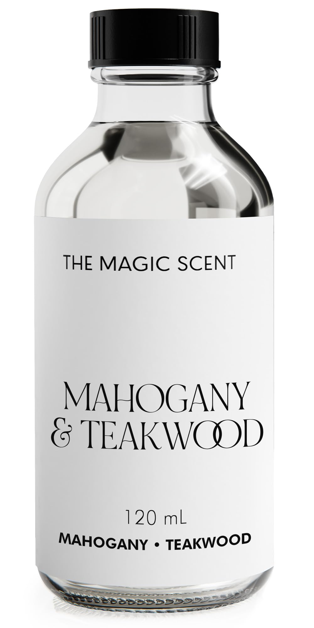 The Magic Scent Mahogany Teakwood diffuser oil bottle fills spaces with warm, inviting wood note.