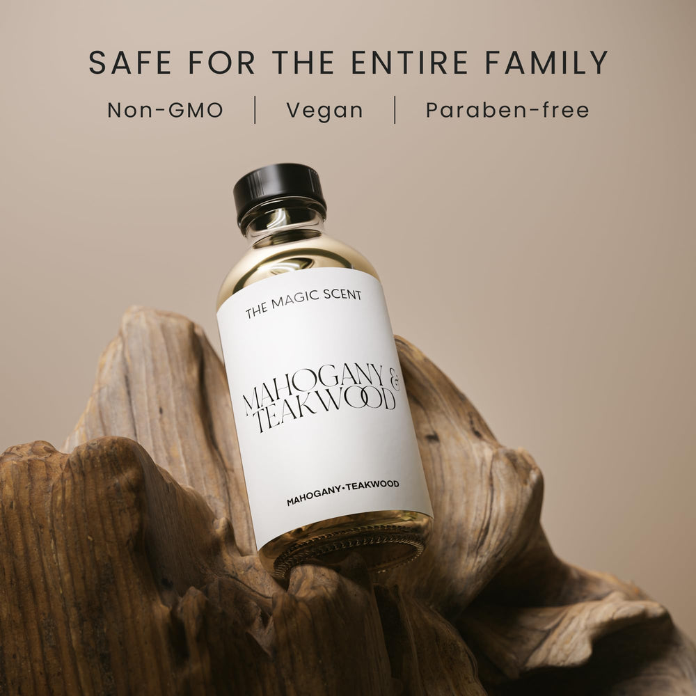 Close-up of mahogany and teakwood notes with vetiver and lavender