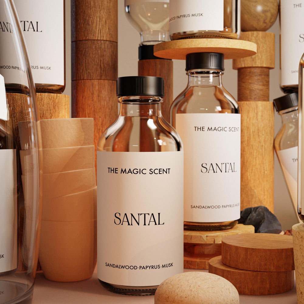 The Magic Scent Santal glass bottle ensemble signals premium room fragrance.