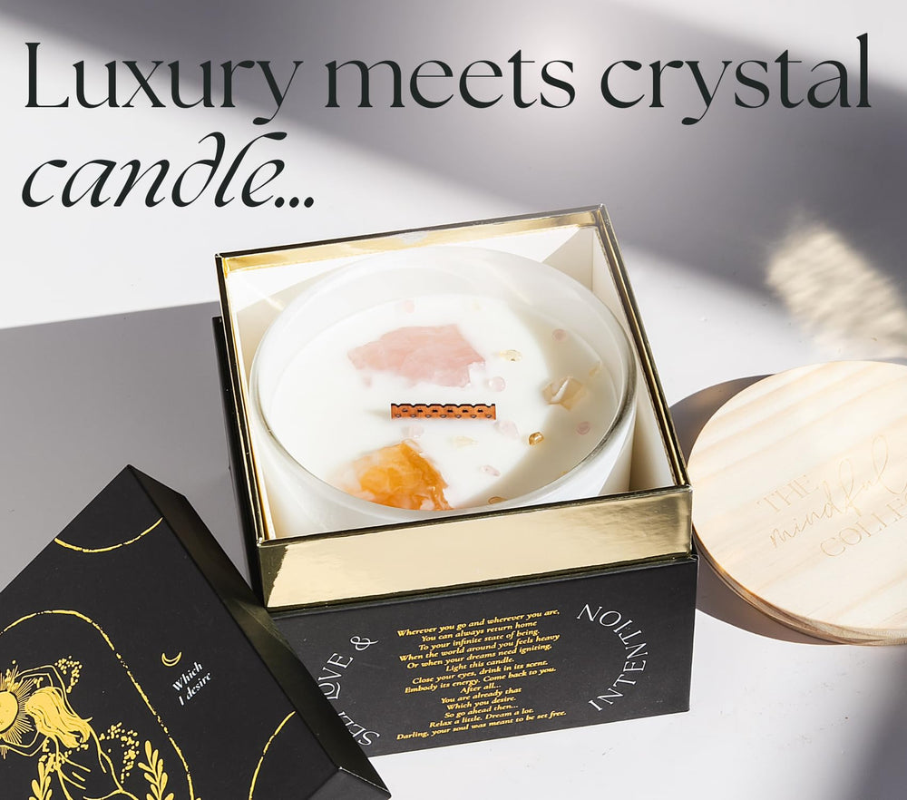 The Mindful Collective crystal candle supports energy work and manifestation rituals.