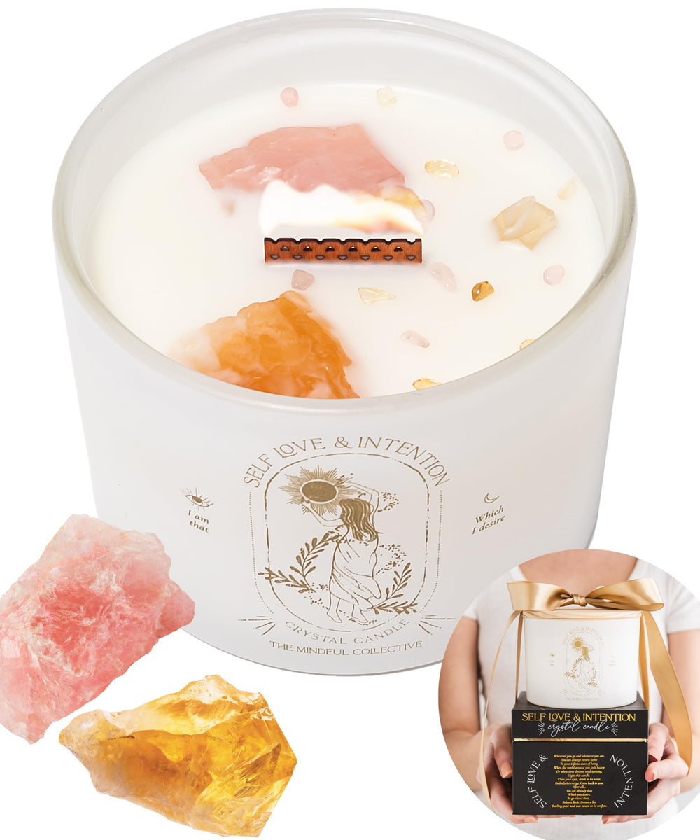 The Mindful Collective large crystal candle with rose quartz promotes calm ambiance and love.