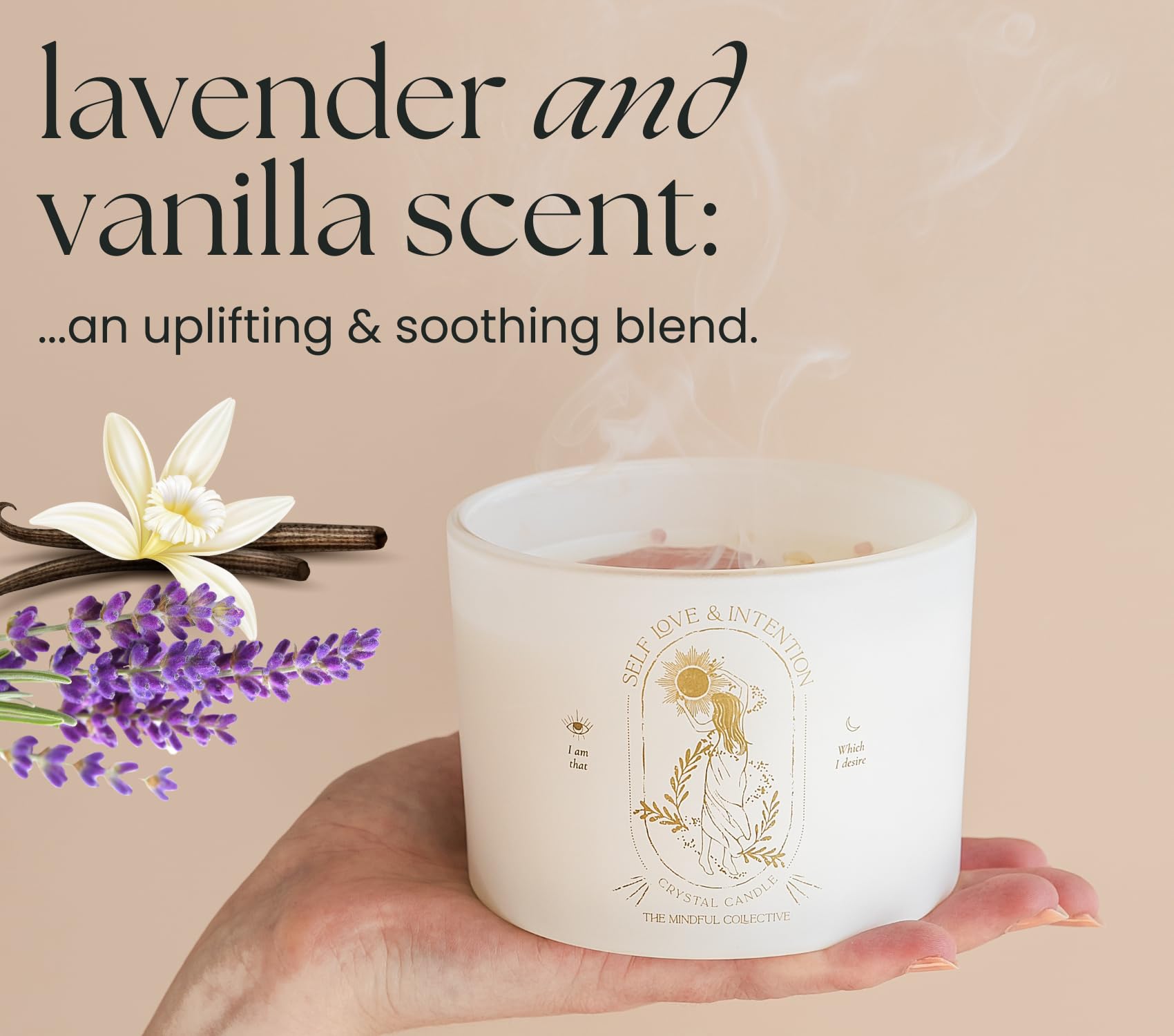 The Mindful Collective wood wick candle crackles softly for cozy evenings.