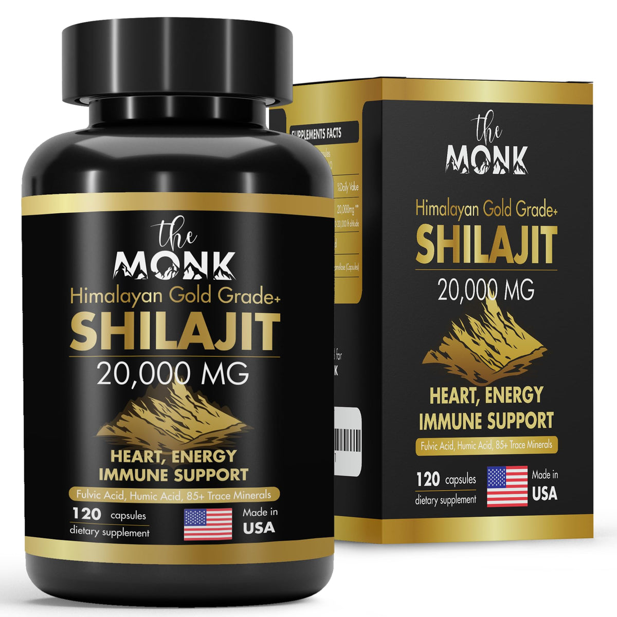 The MONK Organic Shilajit bottle label highlights gold grade formula and Himalayan origin.