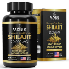 The MONK Organic Shilajit bottle label highlights gold grade formula and Himalayan origin.