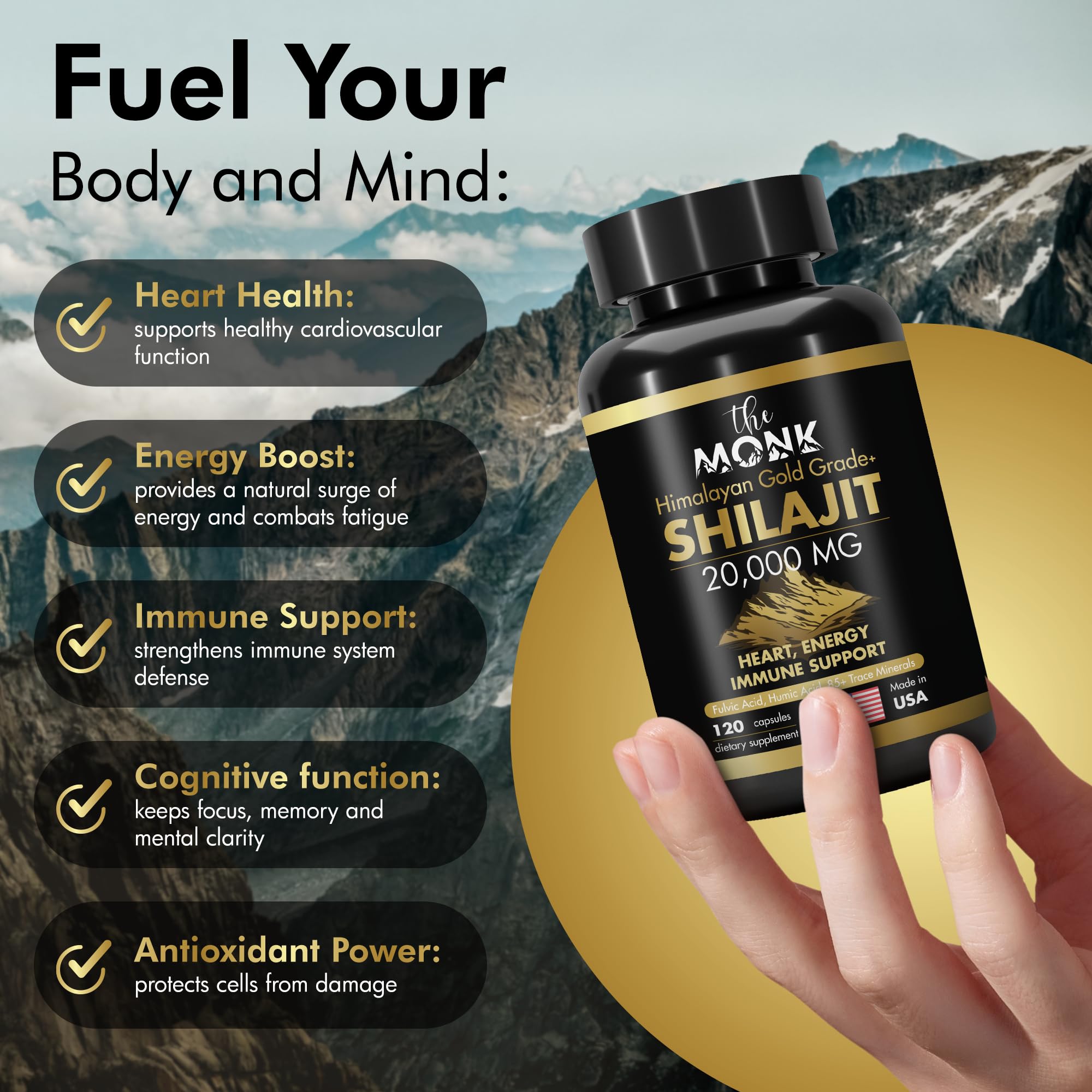 The MONK Shilajit capsules offer convenient daily dosing.