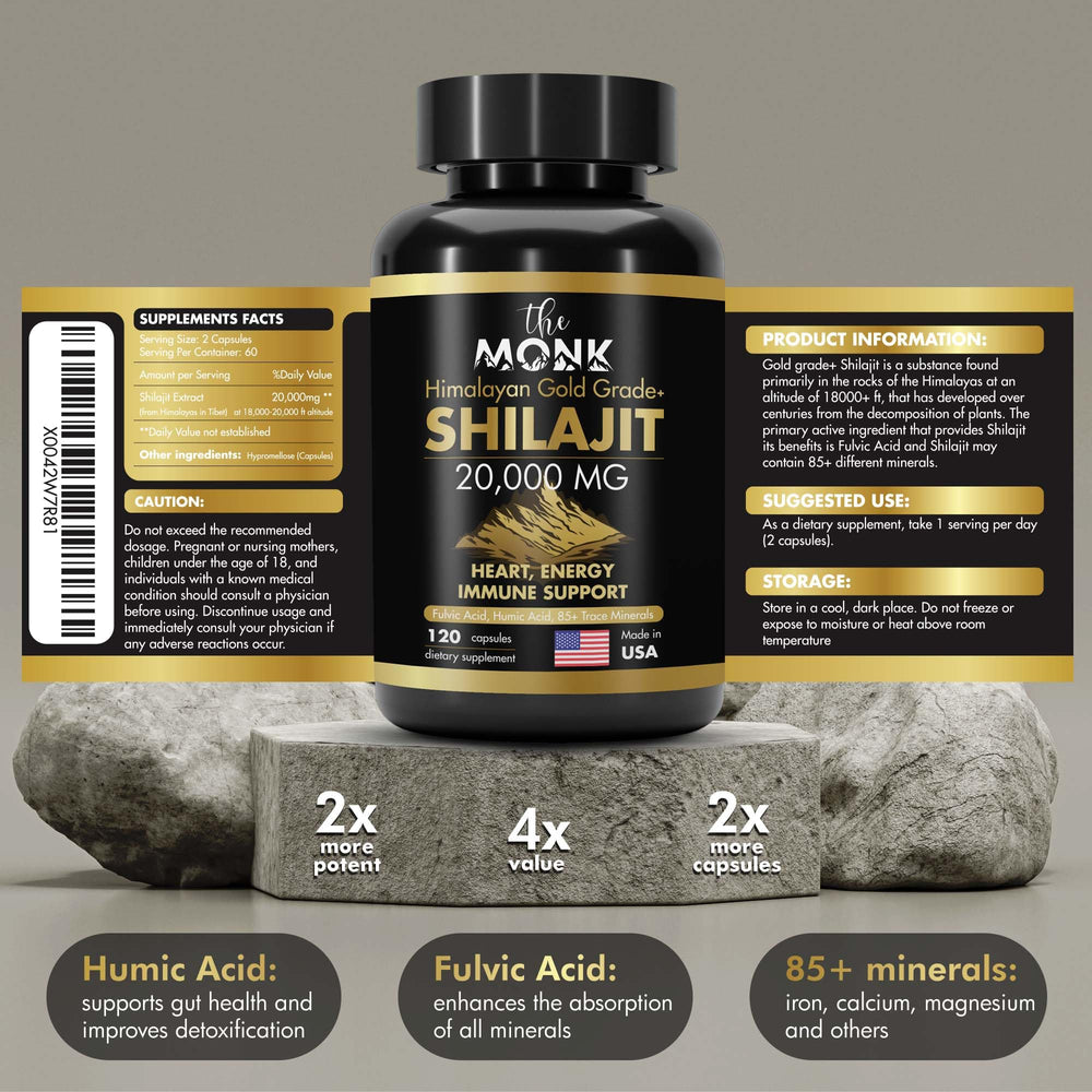 Fulvic and humic minerals enrich The MONK Shilajit blend for vitality.