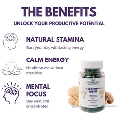 The Mushroom Society Morning Rush capsules pack shows Ashwagandha and turmeric for calm energy
