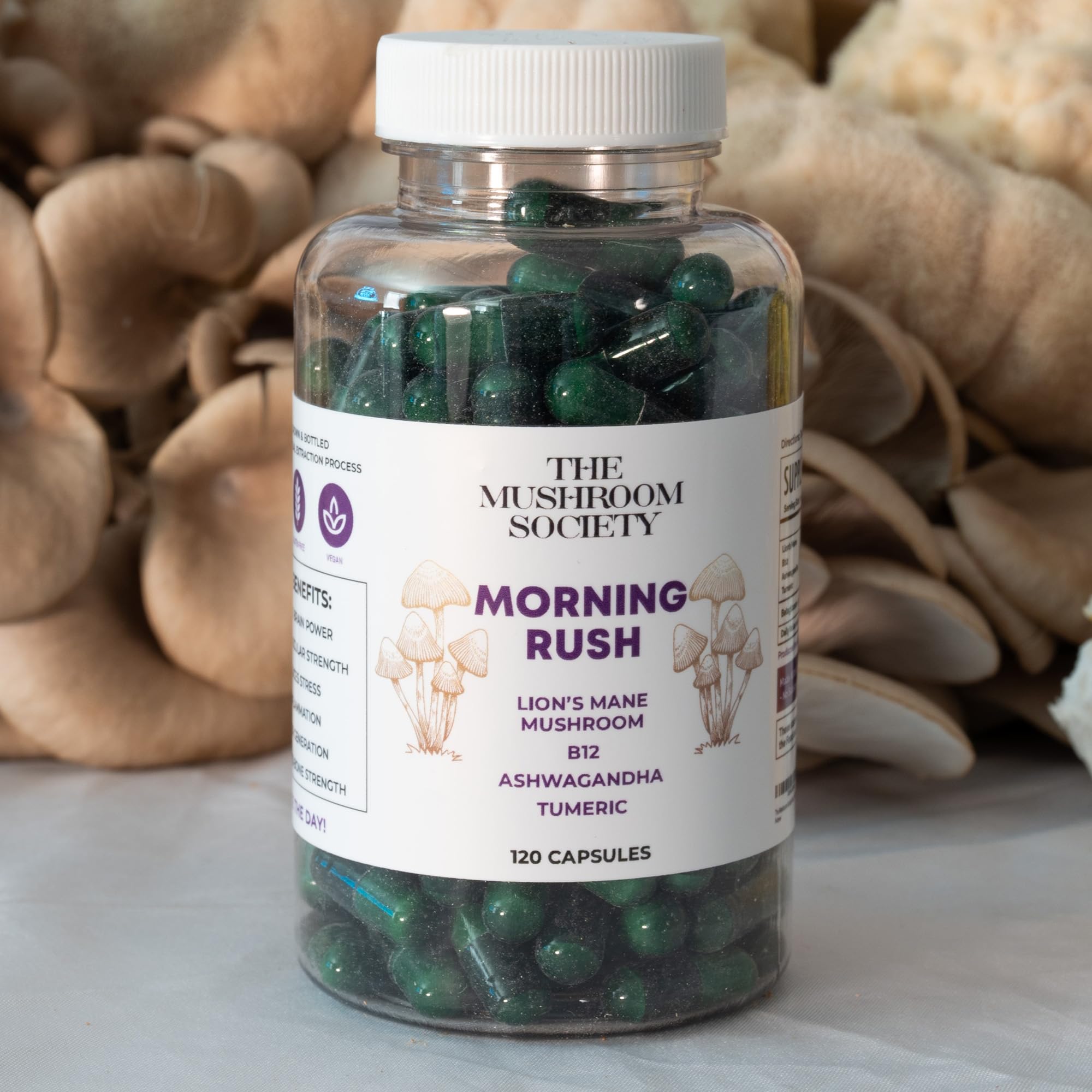 Morning Rush ingredients close-up features Lion's Mane, Ashwagandha, turmeric, and B12