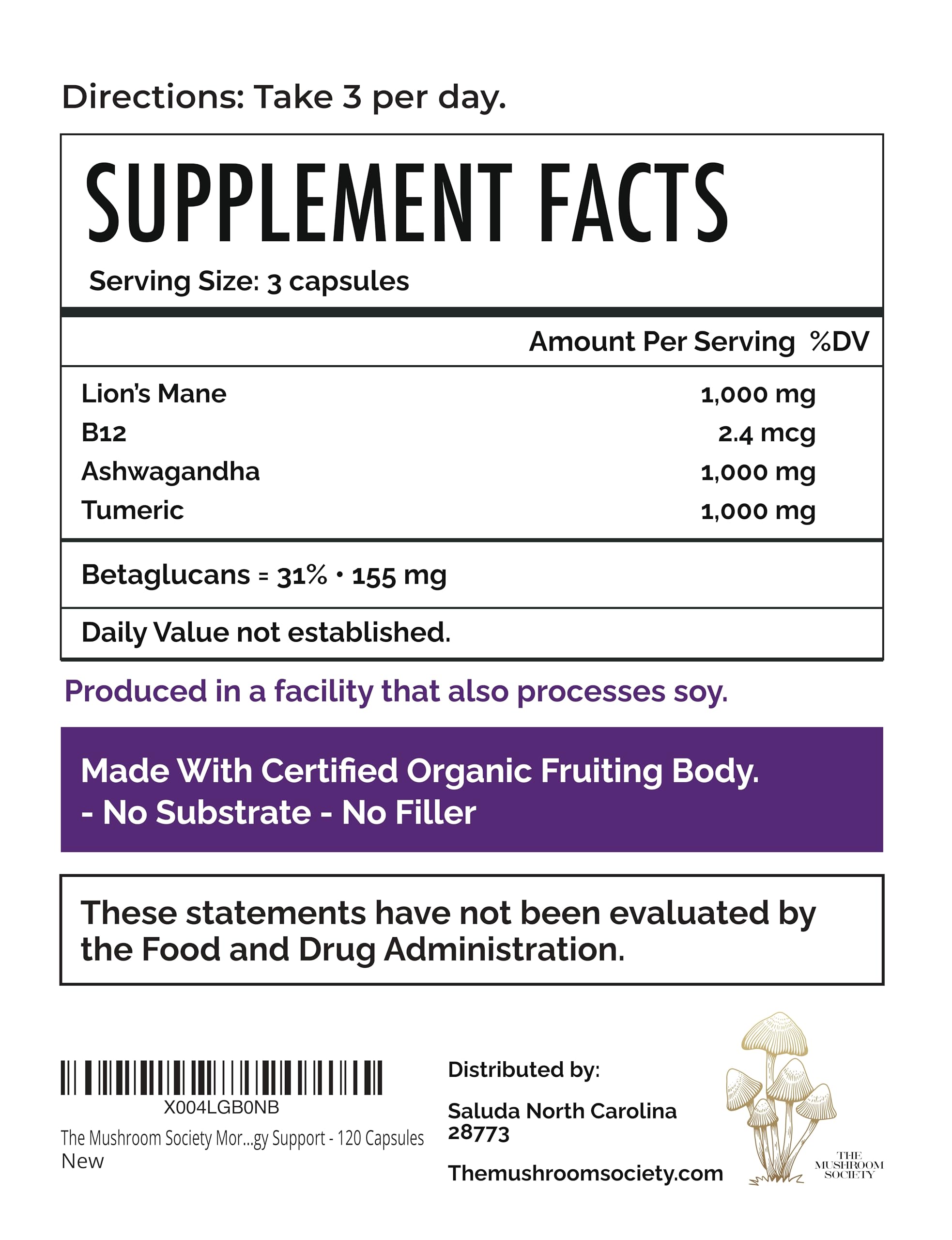 The Mushroom Society Morning Rush label graphic highlights vegan capsules and B12 benefits