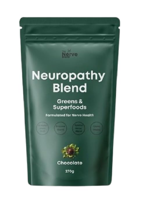 The Nerve Brand neuropathy superfood blend bottle highlights a nerve-supporting supplement for daily use.