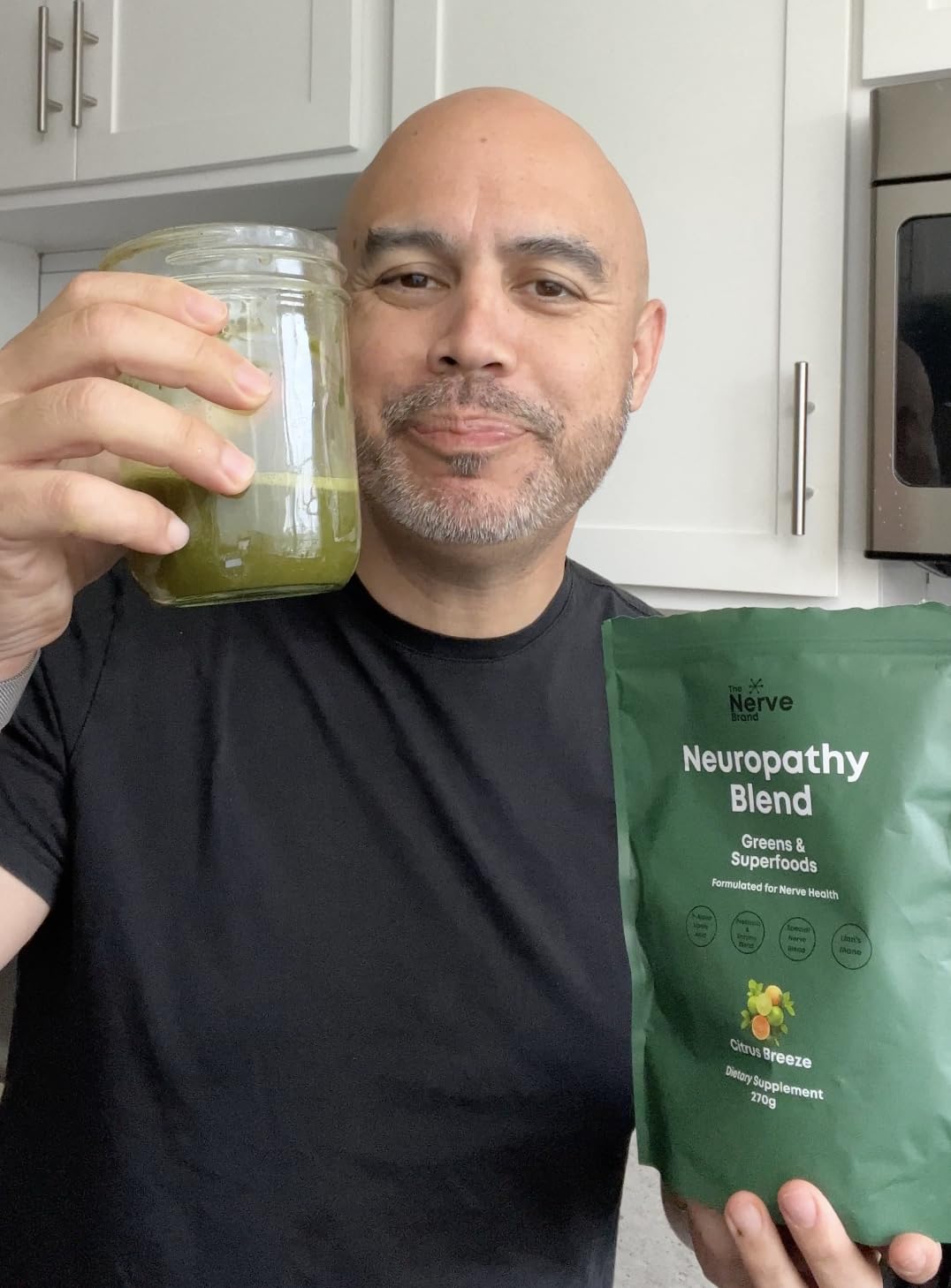 Glass of The Nerve Brand Neuropathy Superfood chocolate smoothie for daily wellness.