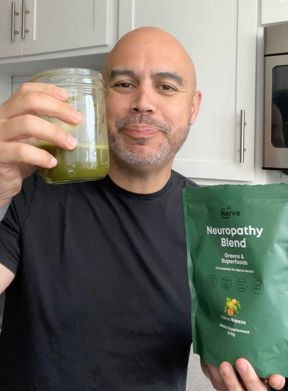 Glass of The Nerve Brand Neuropathy Superfood chocolate smoothie for daily wellness.