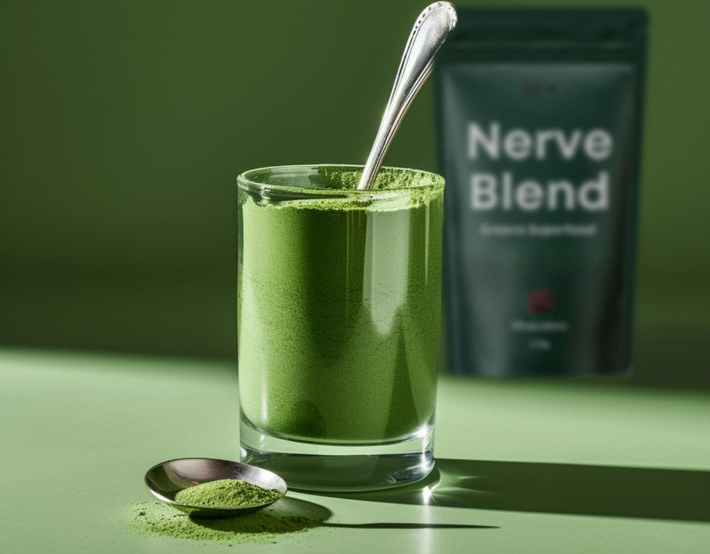 The Nerve Brand Neuropathy Superfood tin label showing 600mg R-Alpha Lipoic Acid per serving.