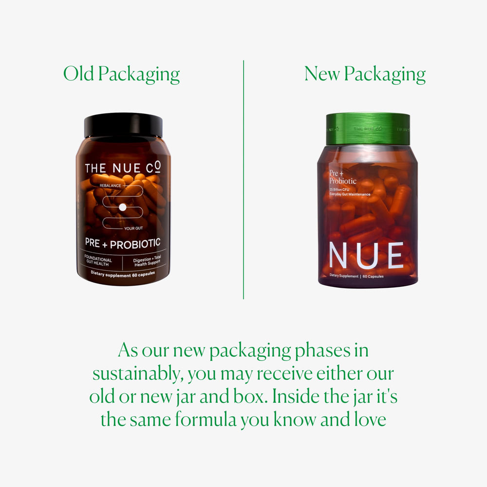 The Nue Co morning-use scene shows two capsules on an empty stomach.