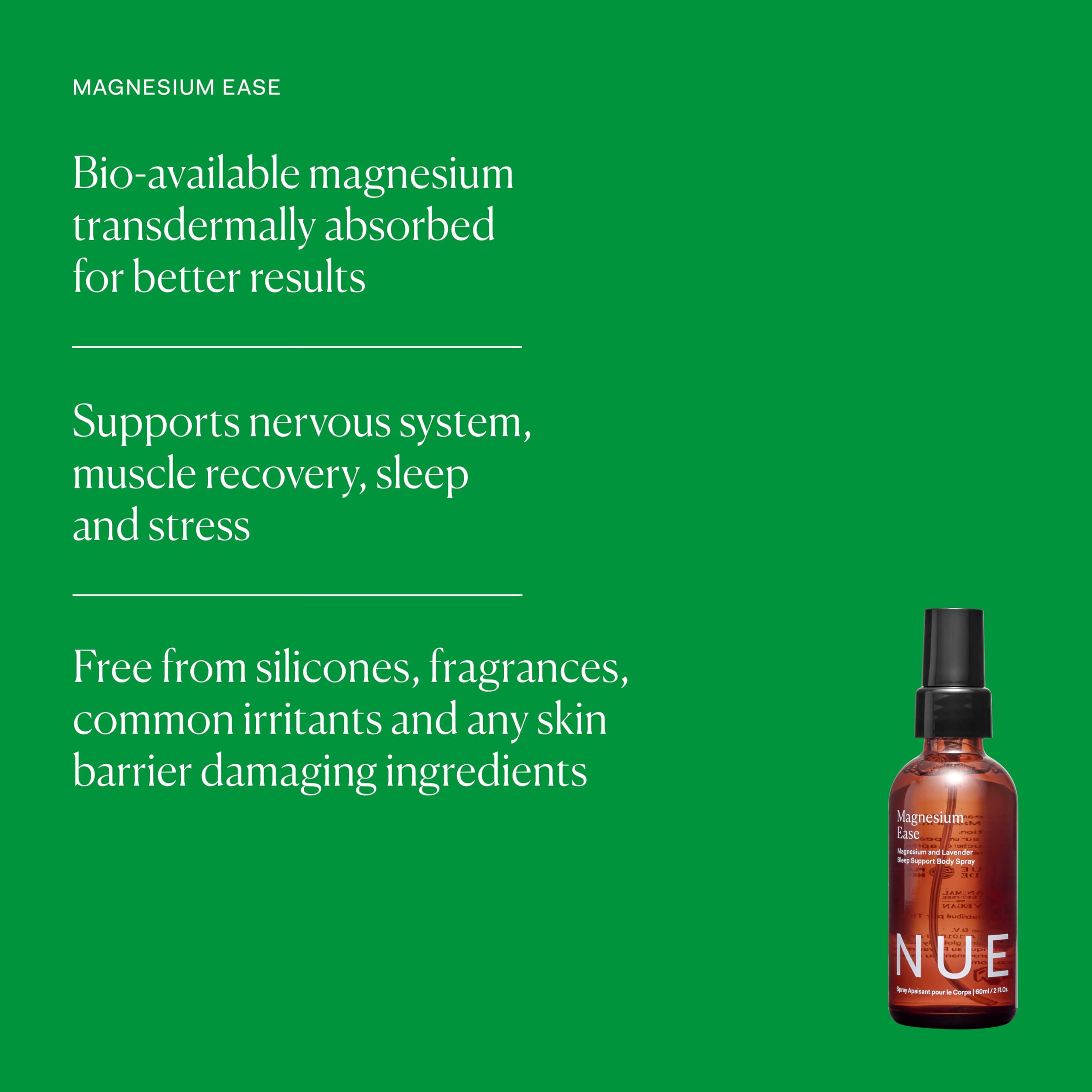The Nue Co Magnesium Ease lavender-arnica blend highlights relaxation after exercise.