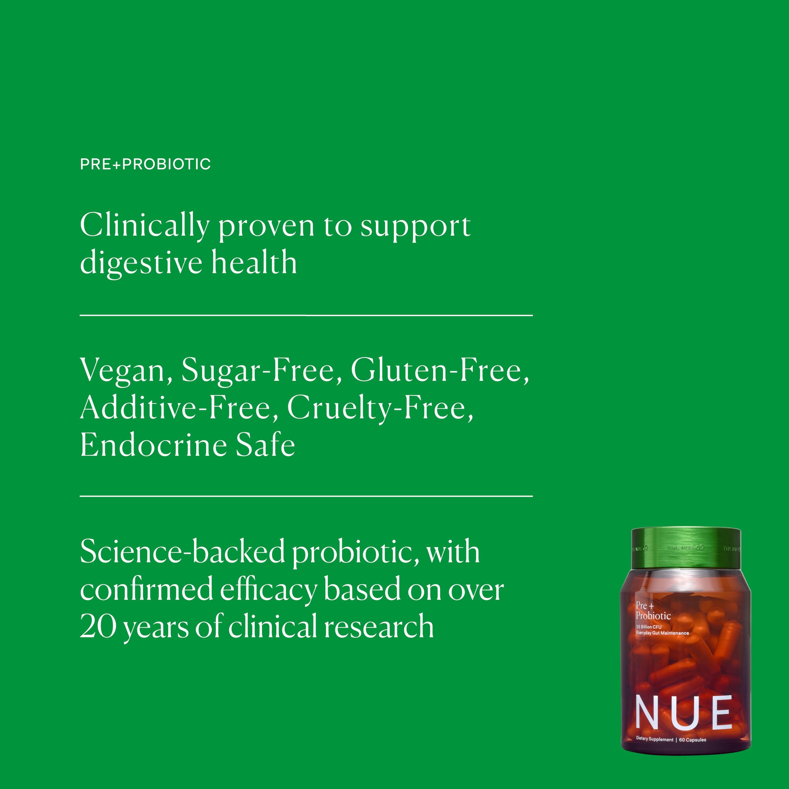 Packaging close-up of synbiotic capsules highlighting vegan, gluten-free formula.
