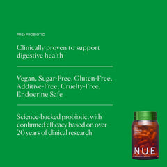 Packaging close-up of synbiotic capsules highlighting vegan, gluten-free formula.