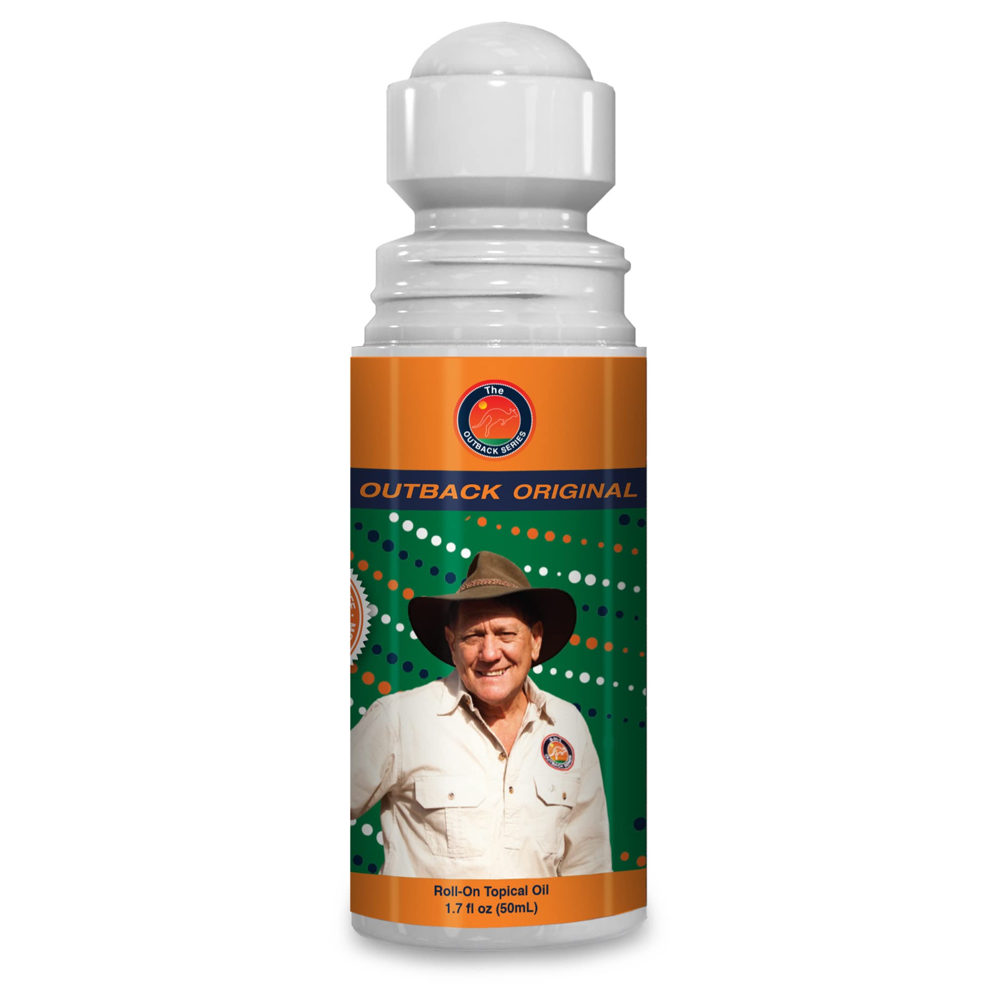 The Outback Series Original Oil Roll-On with tea tree imagery highlights natural ingredients benefit