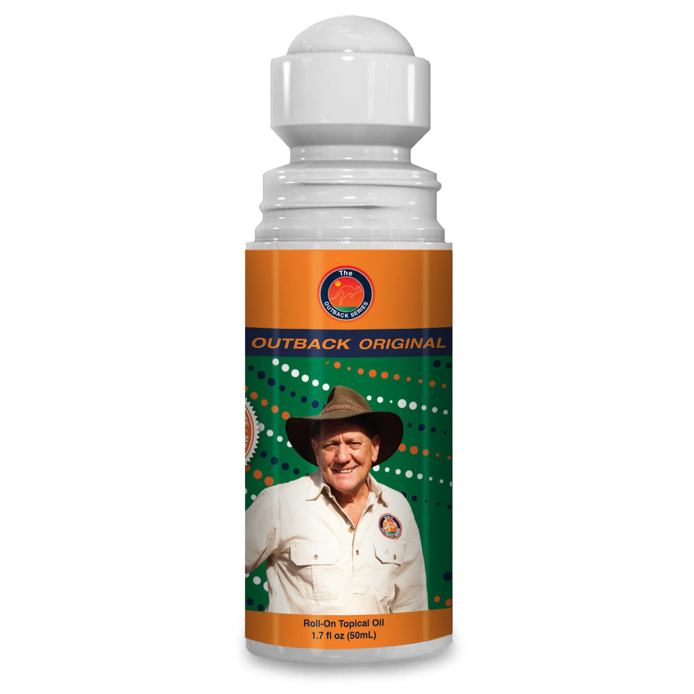 The Outback Series Original Oil Roll-On with tea tree imagery highlights natural ingredients benefit
