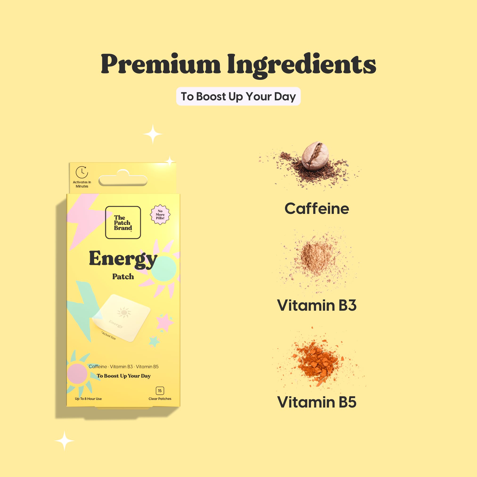 Close-up of Patch Brand ingredients, caffeine and B vitamins in plant-based formula