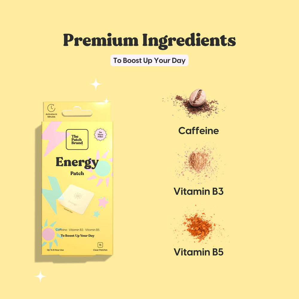 Close-up of Patch Brand ingredients, caffeine and B vitamins in plant-based formula