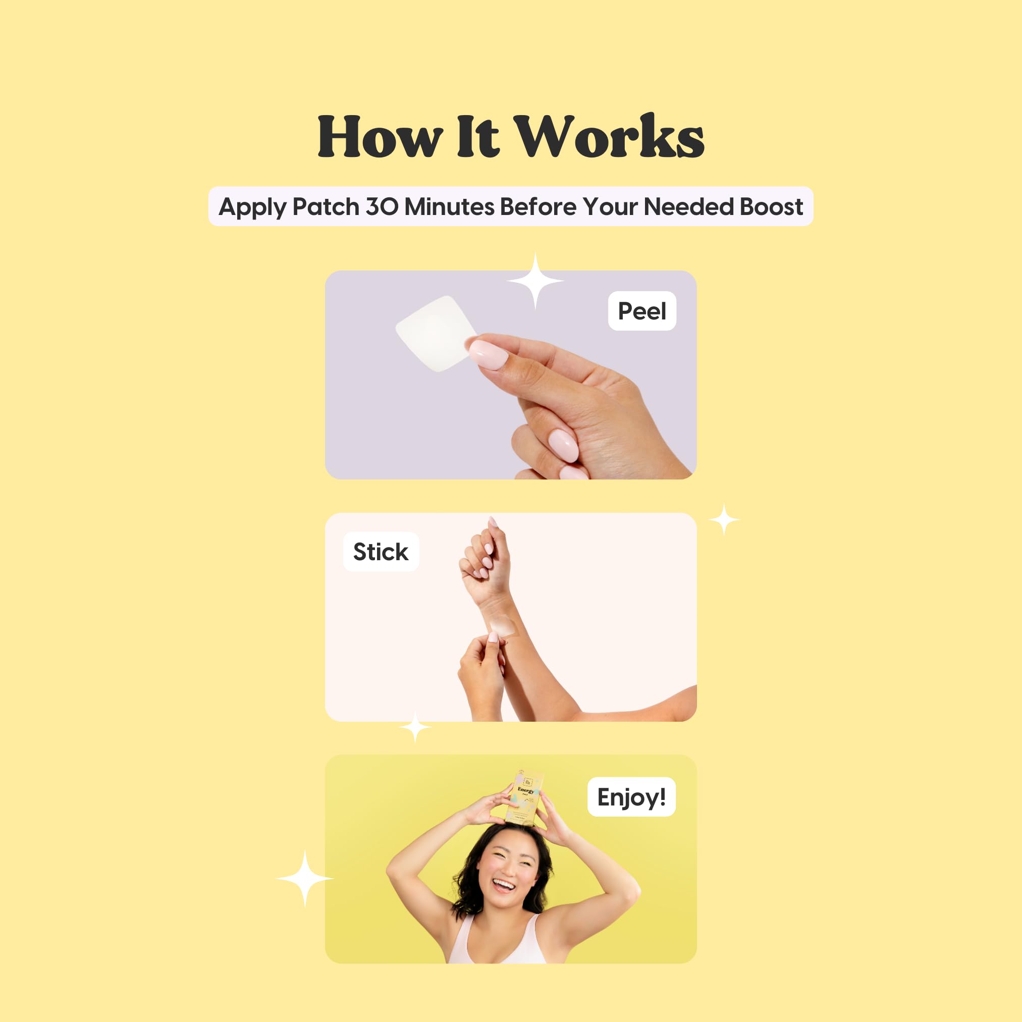 Patch applied to wrist for long-lasting energy without pills