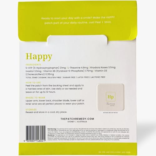 The Patch Remedy Happy Patch box back detailing the curated blend for daily support.