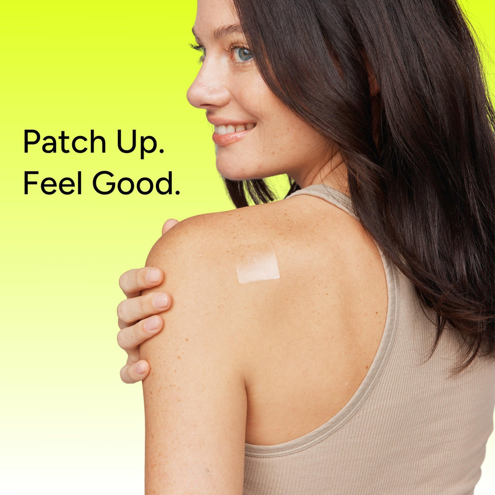 The Patch Remedy Happy Patch worn discreetly under clothes during activity.