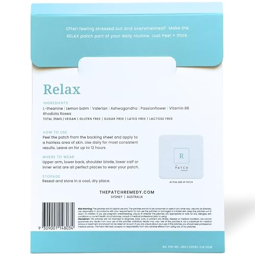 The Patch Remedy Relax Patch packaging highlights mess-free, portable design.