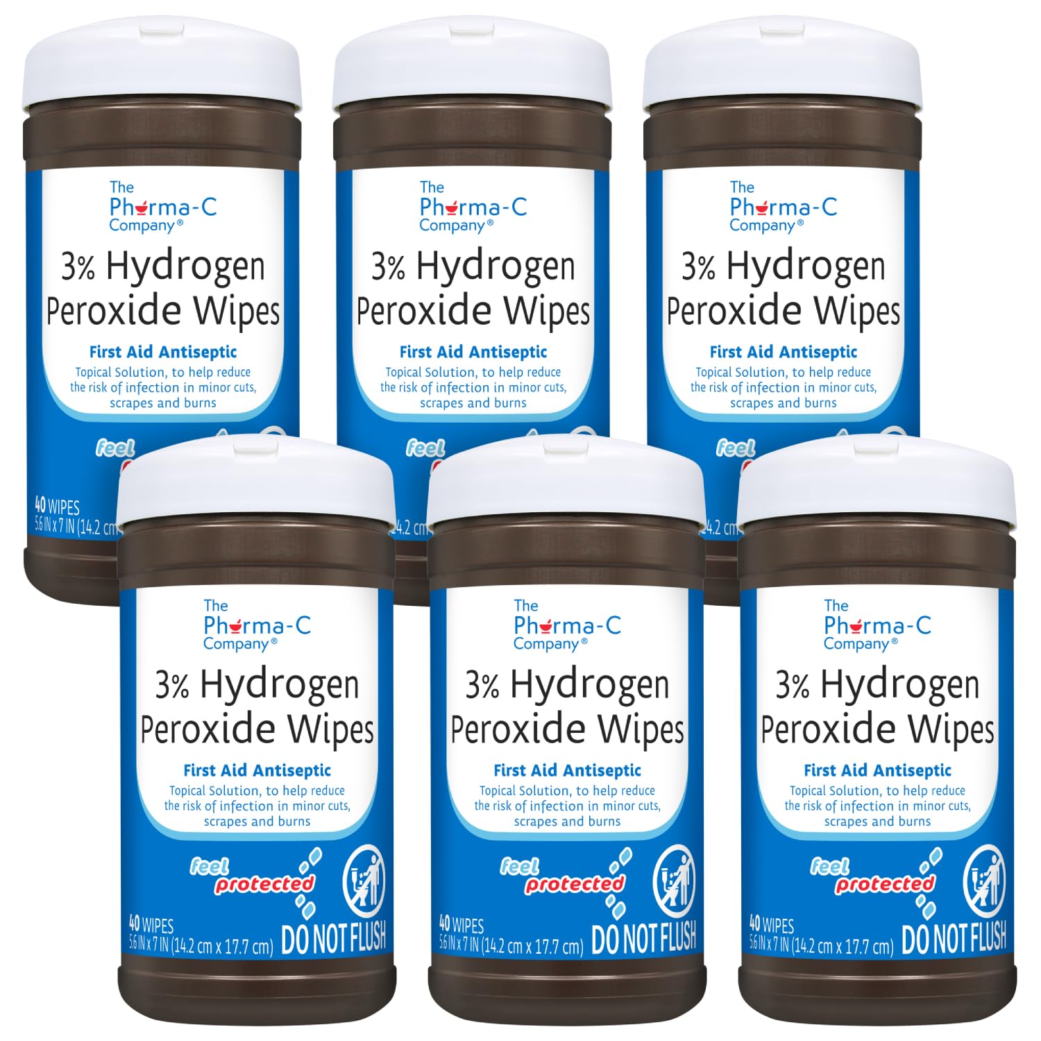 The Pharma-C Company 3% hydrogen peroxide wipes canister on a counter for quick wound care.