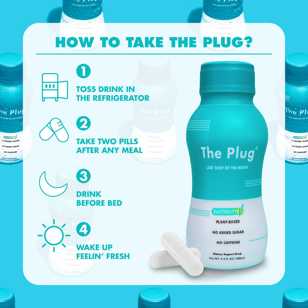 The Plug Liver Cleanse bottle in use during morning routine for hydration and energy