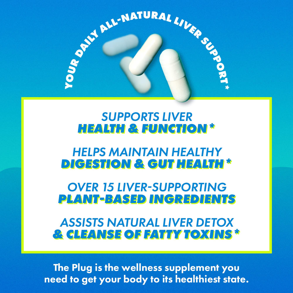 The Plug liver cleanse bottle label highlights 20 capsules and herbal blend for energy-friendly routines.