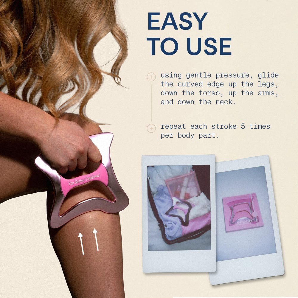 The Skinny Confidential Le Spoon used with moisturizer to reduce friction on legs and arms.