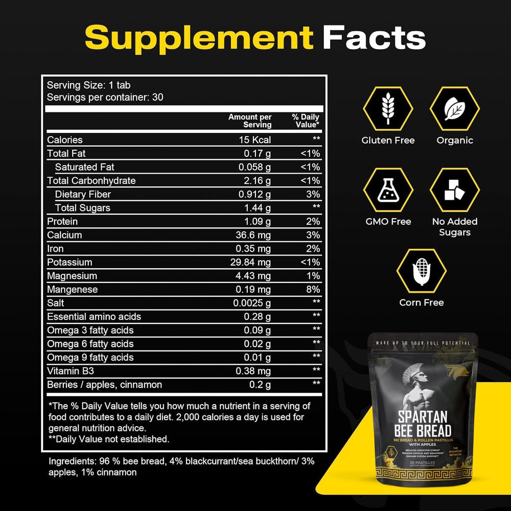 Fermentation glow on Spartan Bee Bread Chewables emphasizing enzyme-rich profile.