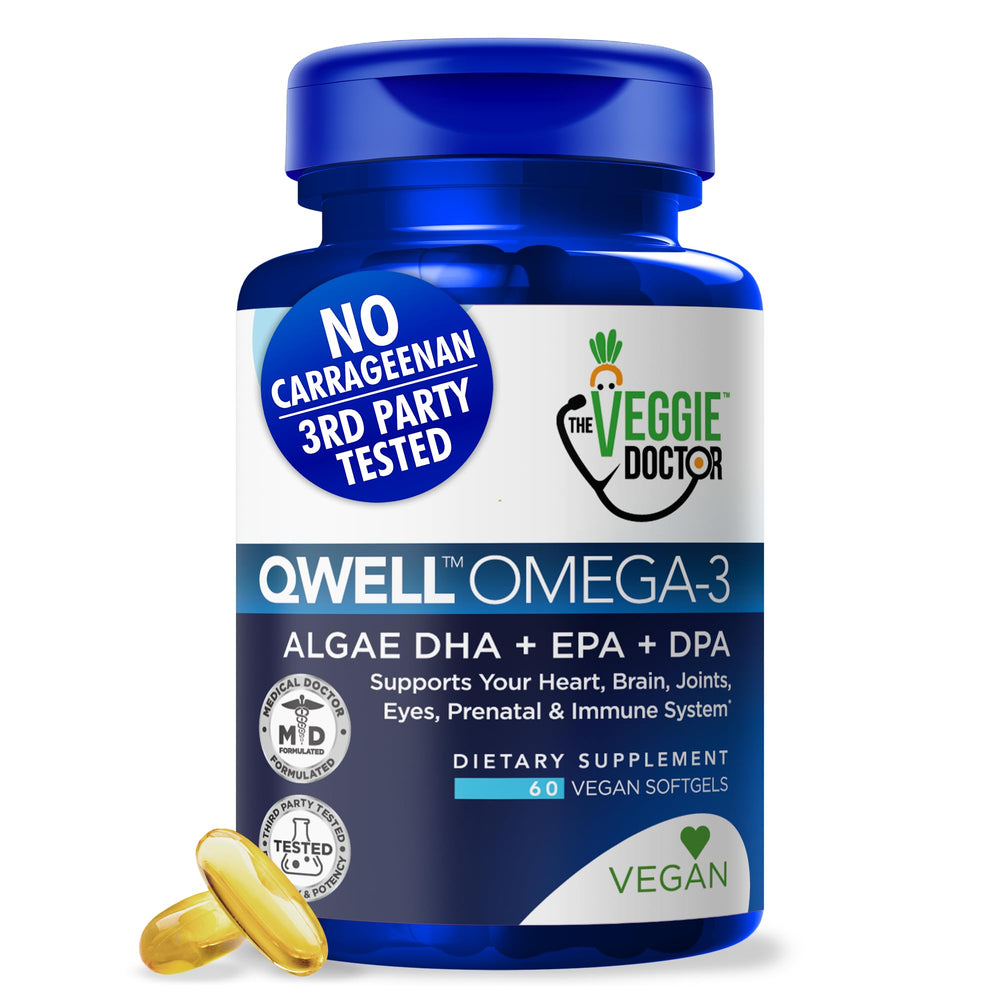 The Veggie Doctor vegan omega-3 bottle highlighting high-potency algae omega-3 for daily wellness.