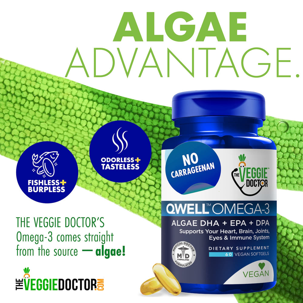 The Veggie Doctor bottle on kitchen counter highlights burp-free algae oil.
