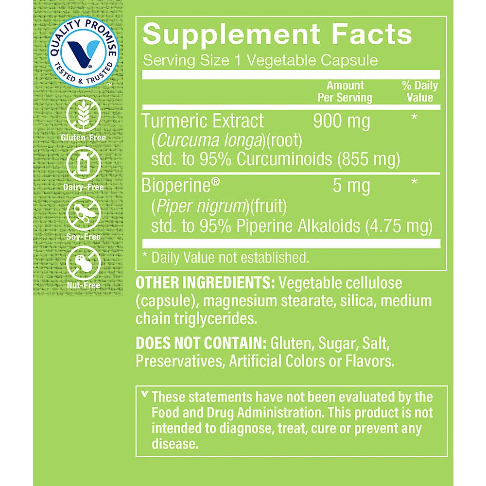 The Vitamin Shoppe turmeric-curcumin capsule image emphasizes Bioperine absorption boost.