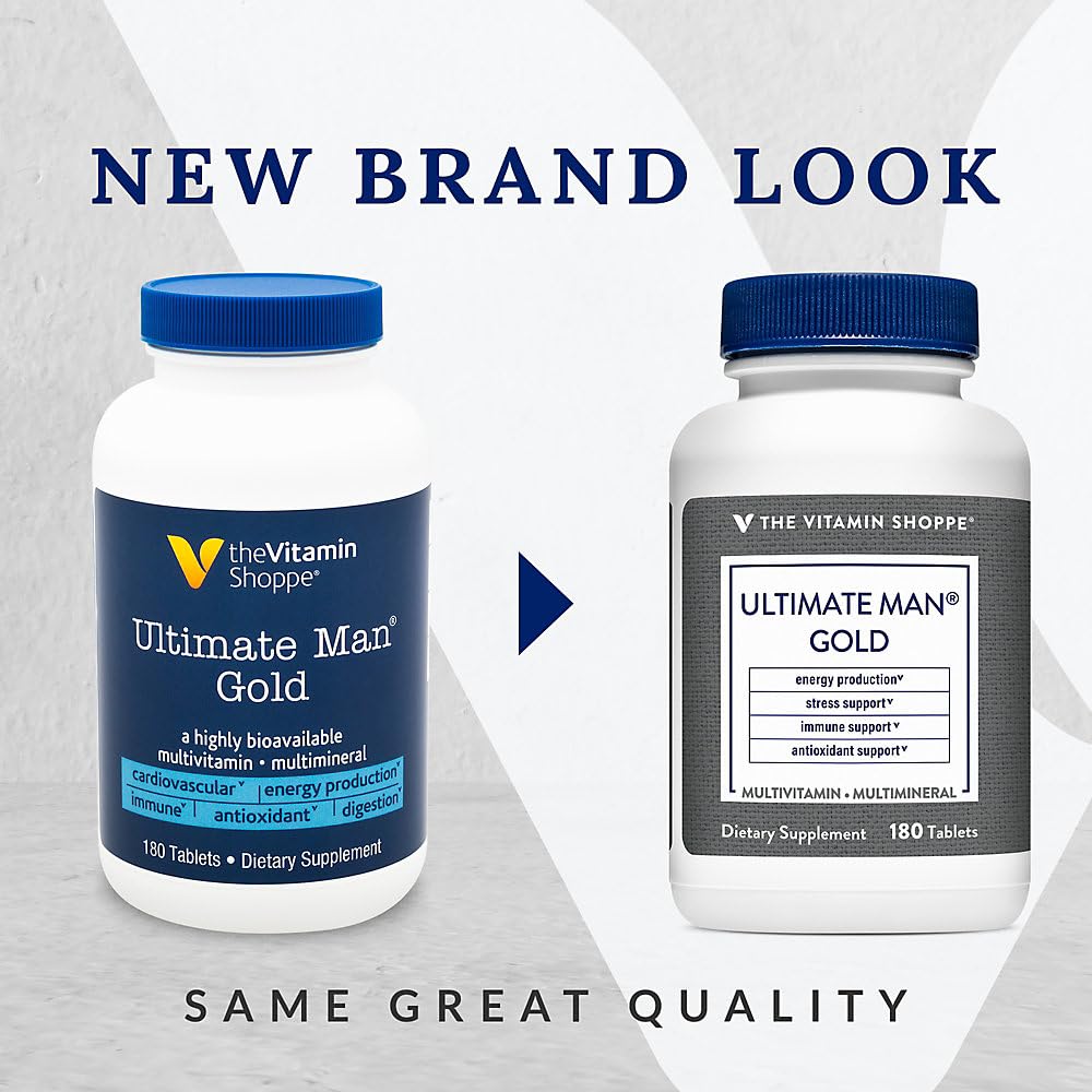 The Vitamin Shoppe Ultimate Man Multivitamin bottle top view highlighting potency and labeling.