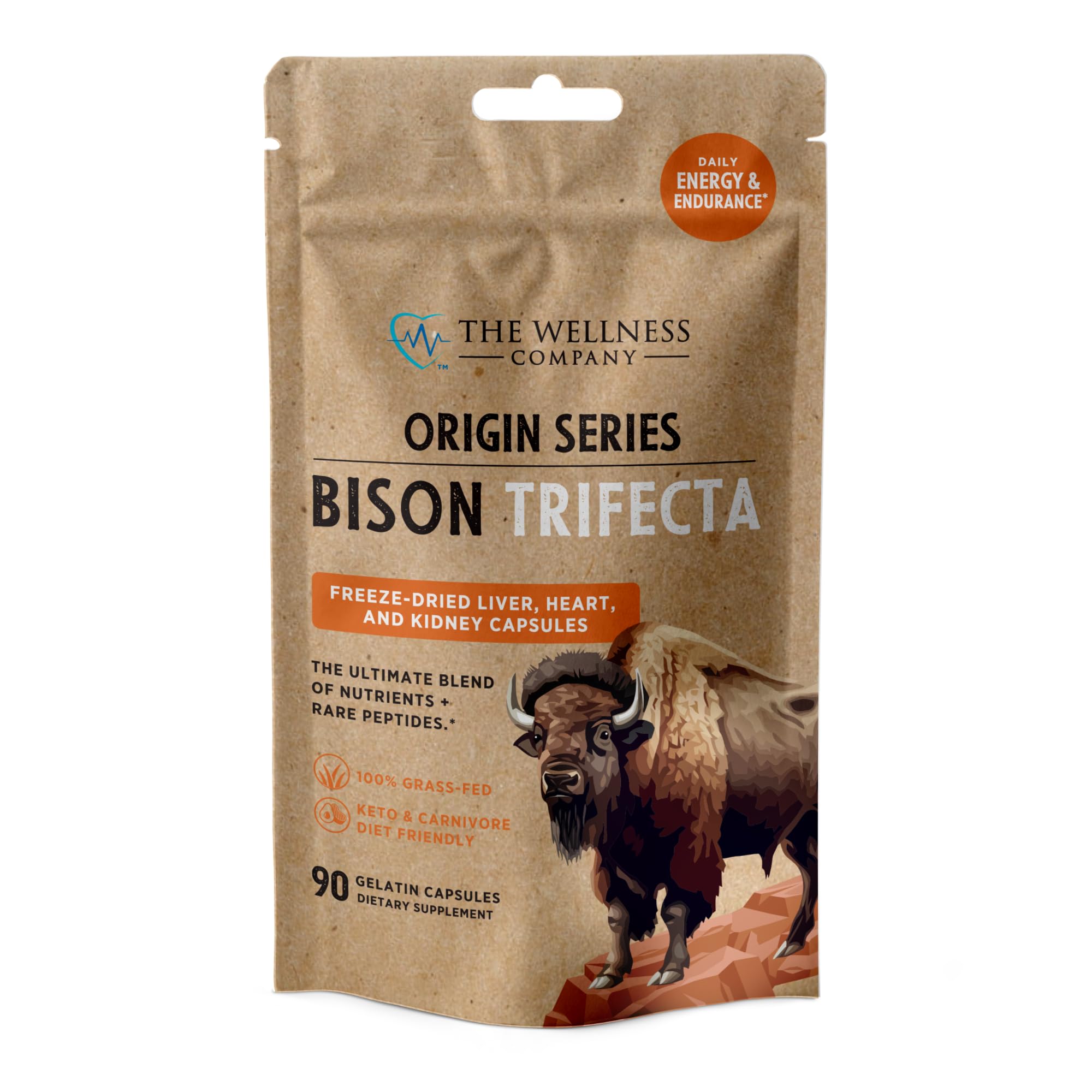 The Wellness Company Bison Trifecta bottle closeup showing grass-fed sourcing and clean labeling.