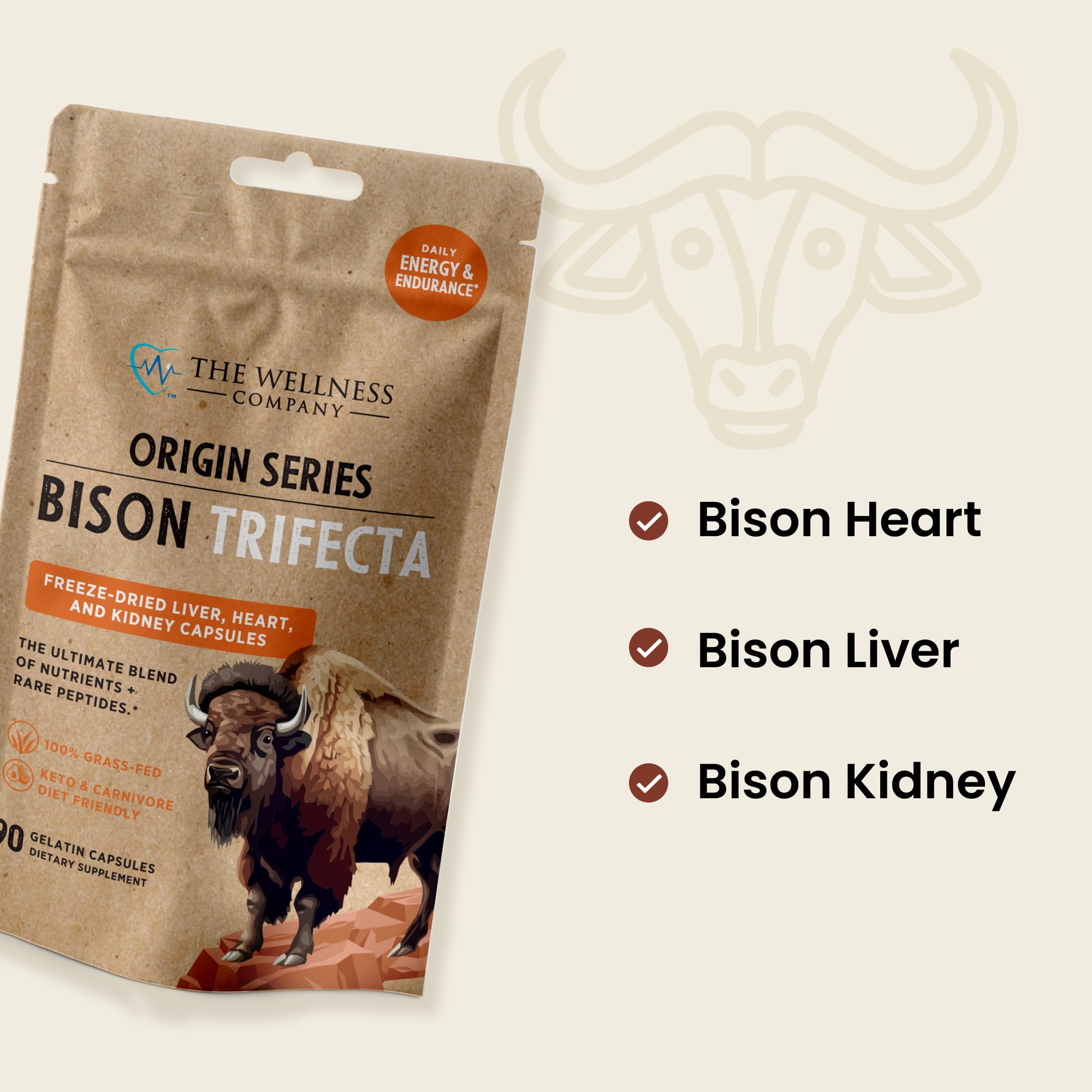 Close-up of The Wellness Company Bison Trifecta capsules in hand highlights ease of use.