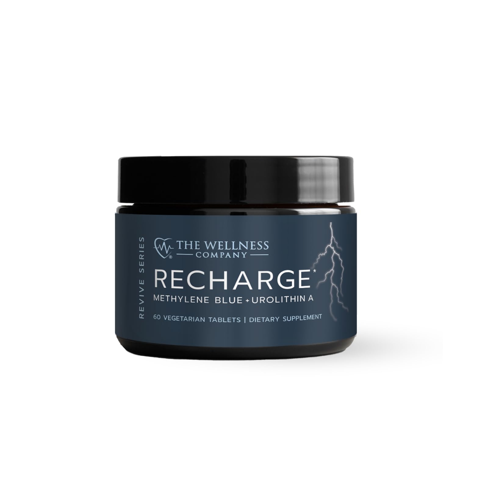 The Wellness Company Recharge bottle front view for cognitive support and energy.