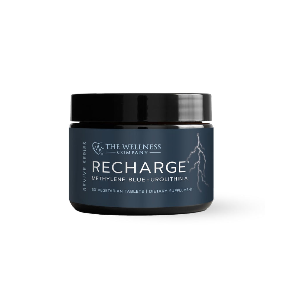 The Wellness Company Recharge bottle front view for cognitive support and energy.